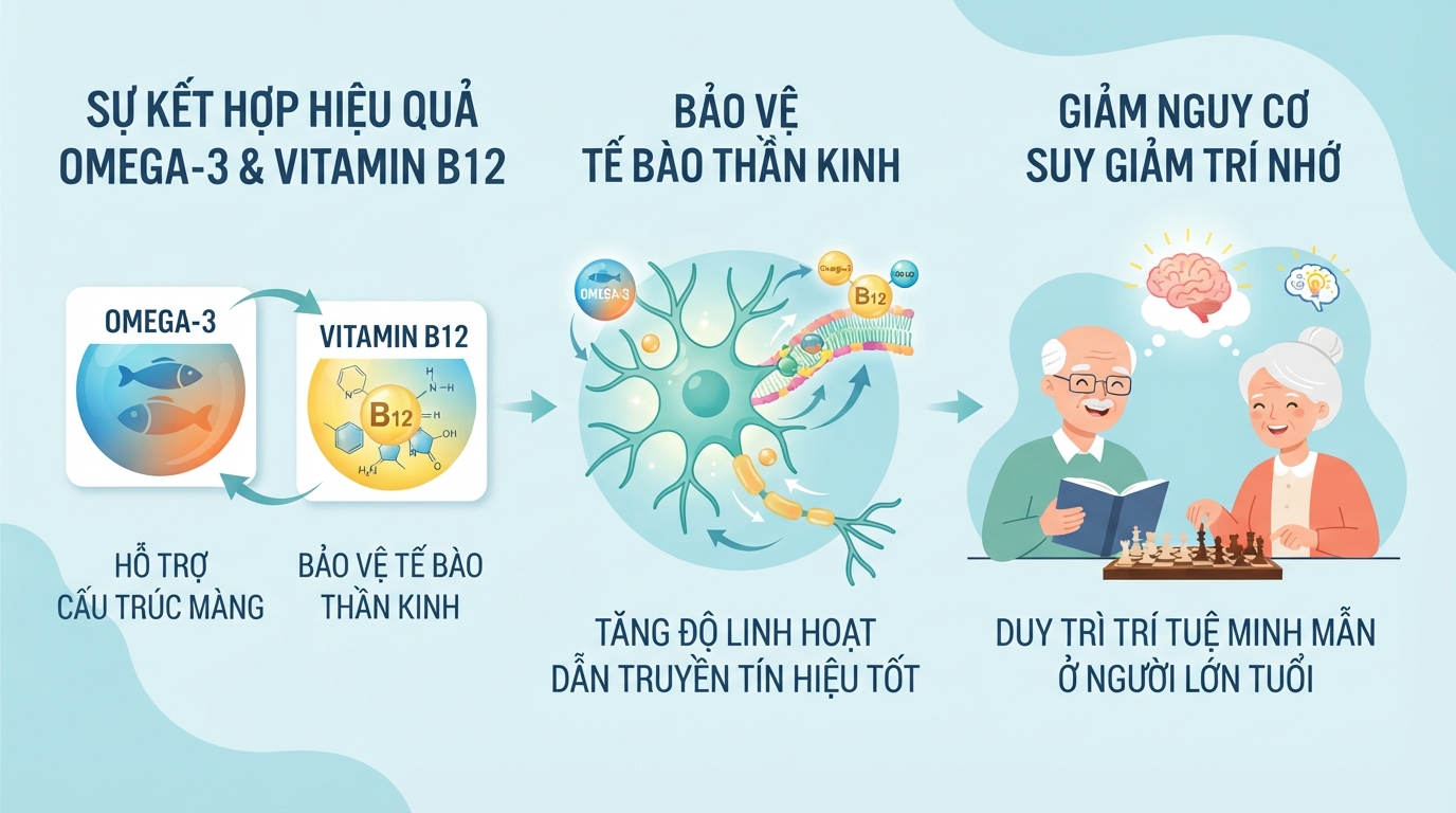 Sự kết hợp giữa Omega-3 và vitamin B12 giúp bảo vệ tế bào thần kinh hiệu quả.