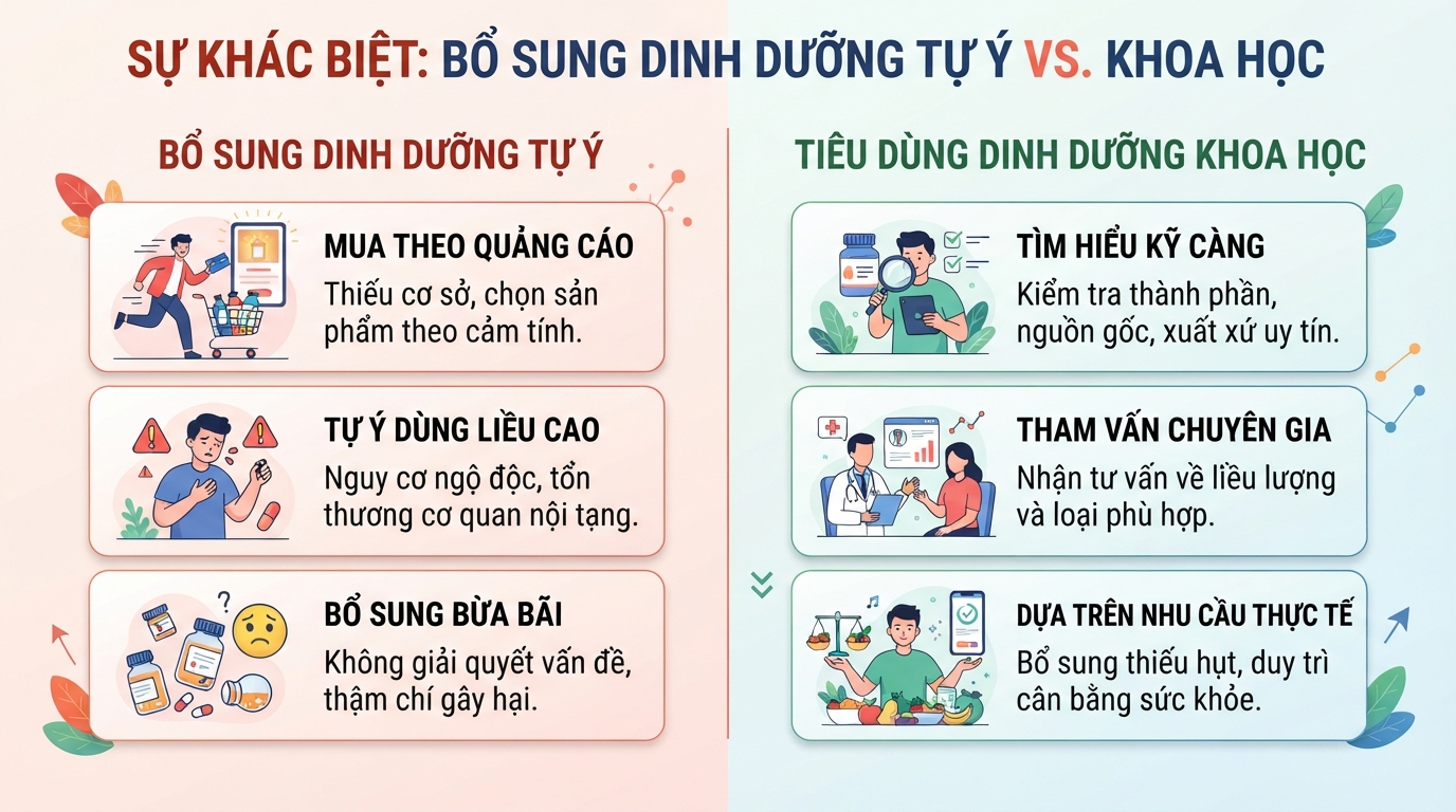 Sự khác biệt giữa bổ sung dinh dưỡng tự ý và tiêu dùng khoa học.