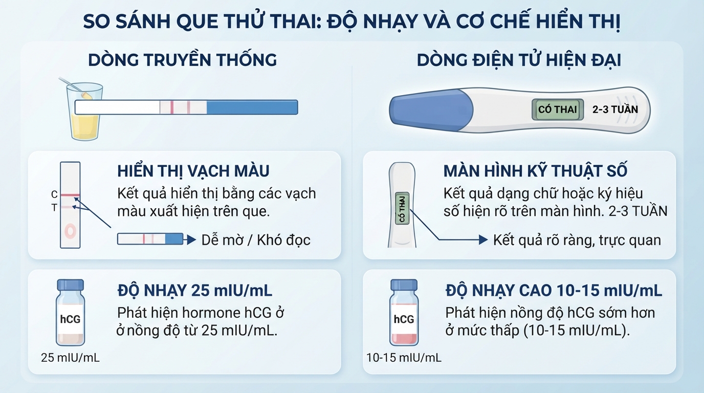 Sự khác biệt về độ nhạy và cơ chế hiển thị giữa hai dòng que thử.