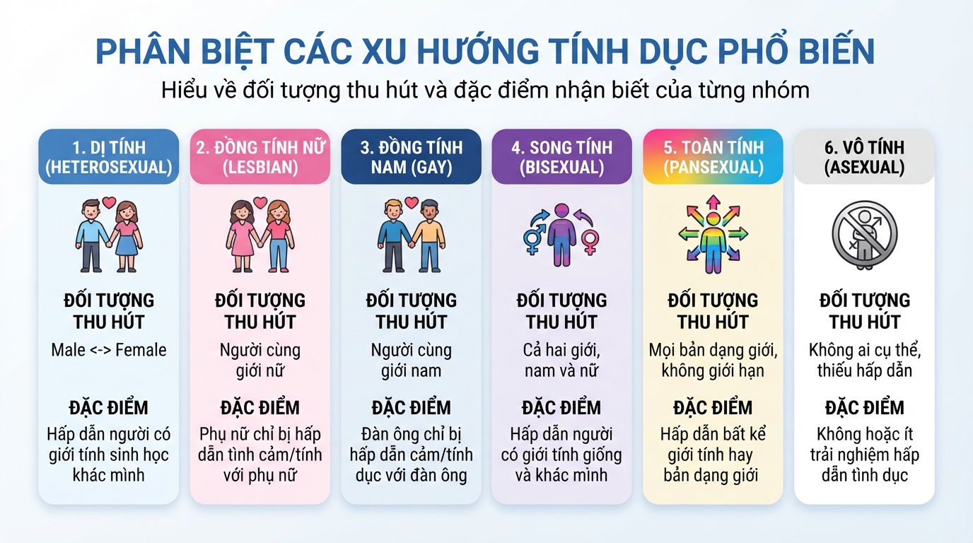 Sự khác biệt về đối tượng thu hút giữa dị tính và các xu hướng tính dục phổ biến.