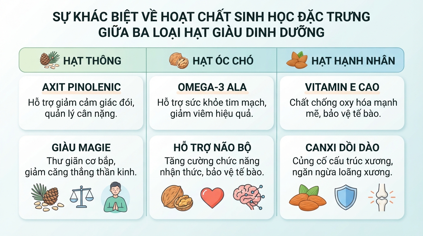 Sự khác biệt về hoạt chất sinh học đặc trưng giữa ba loại hạt giàu dinh dưỡng.