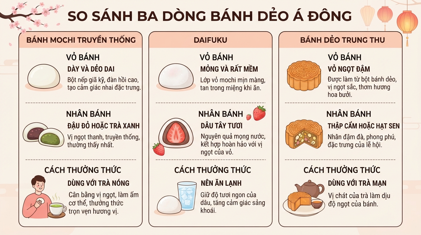 Sự khác biệt về vỏ, nhân và cách thưởng thức giữa ba dòng bánh dẻo Á Đông.