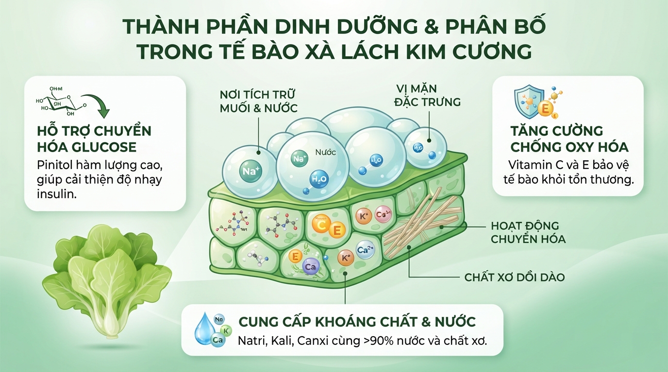 Sự phân bố Pinitol, vi khoáng cùng các chất chống oxy hóa trong từng tế bào lá.