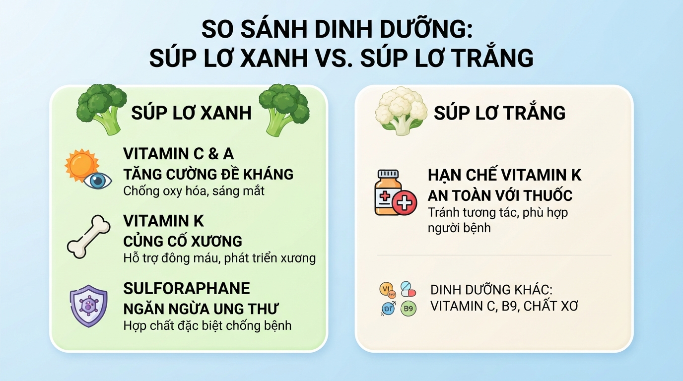 Súp lơ xanh chứa hàm lượng vitamin C và K vượt trội so với súp lơ trắng.