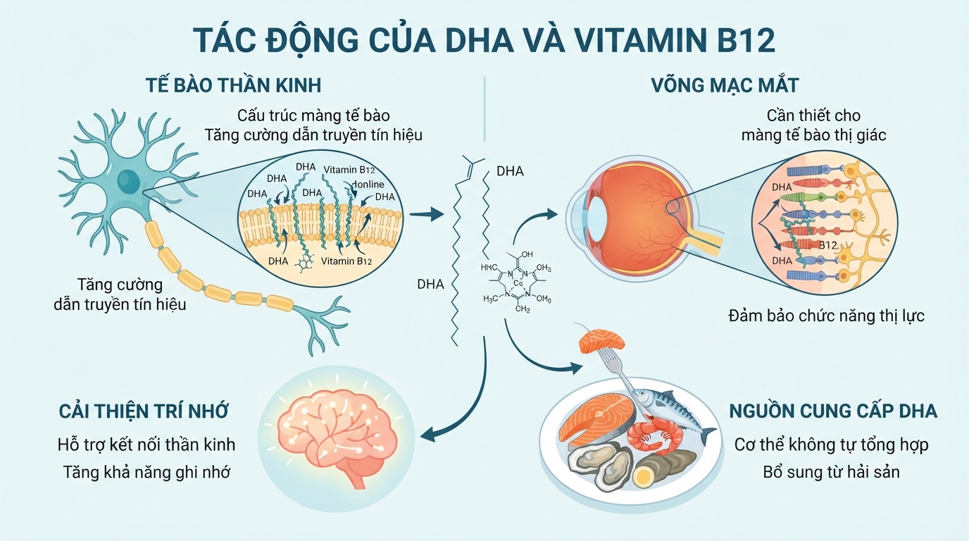 Tác động của DHA và Vitamin B12 tới tế bào thần kinh và võng mạc mắt.