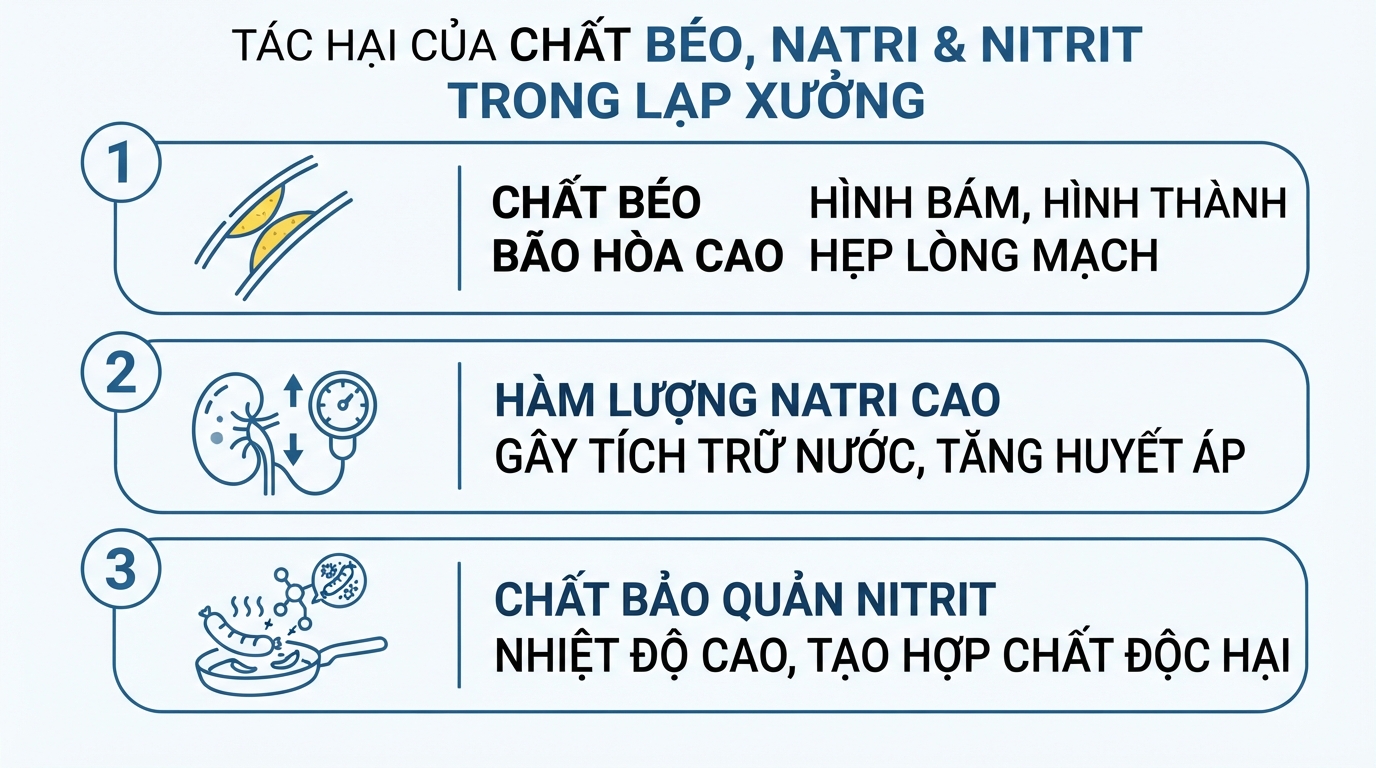Tác động tiêu cực của chất béo bão hòa, natri và nitrit tới sức khỏe.