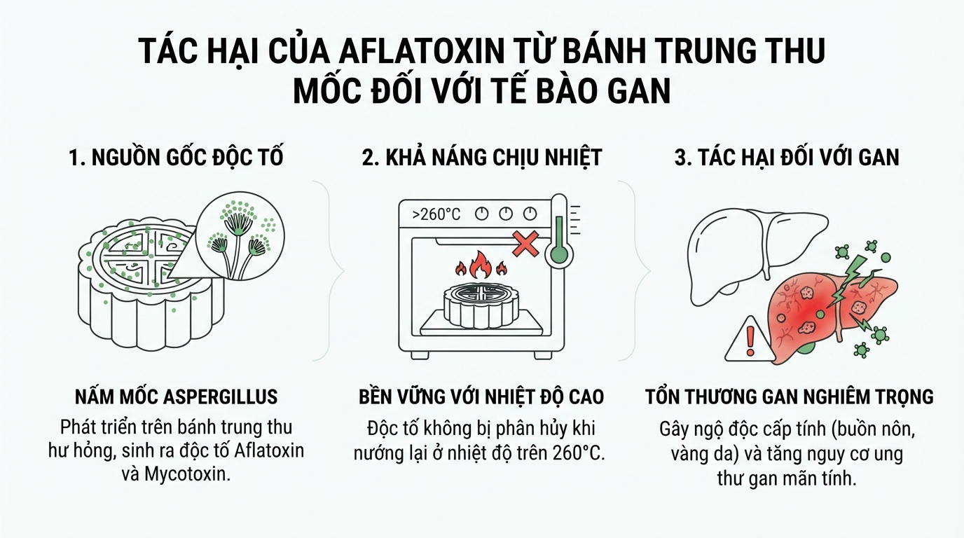 Tác hại của độc tố Aflatoxin từ bánh trung thu bị mốc đối với tế bào gan.
