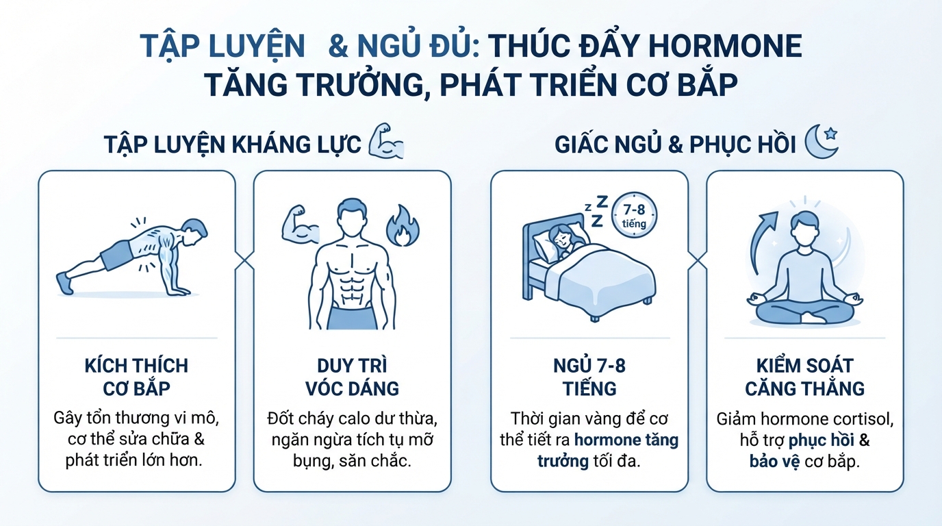 Tập luyện kháng lực và ngủ đủ giấc giúp kích thích hormone tăng trưởng phát triển cơ.