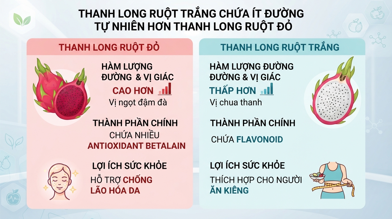 Thanh long ruột trắng chứa ít đường tự nhiên hơn so với thanh long ruột đỏ.