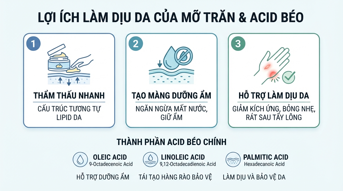 Thành phần các axit béo chính trong mỡ trăn hỗ trợ làm dịu bề mặt da.