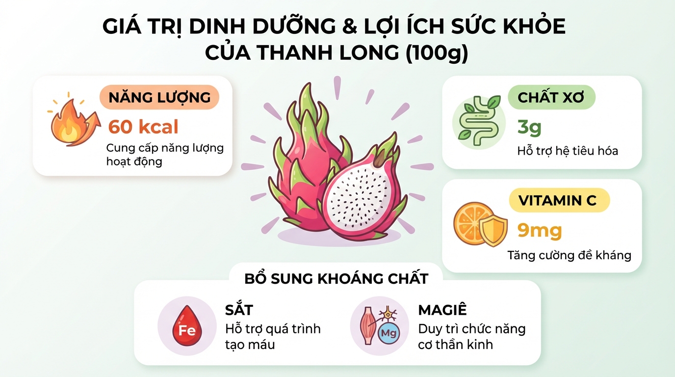 Thành phần dinh dưỡng trong 100g giải đáp ăn thanh long có tốt không cho cơ thể.