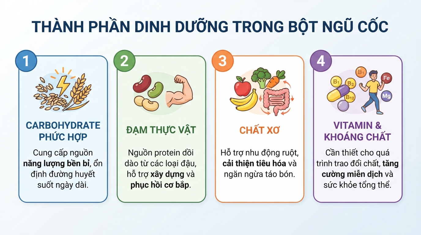 Thành phần dinh dưỡng trong bột ngũ cốc giúp cung cấp năng lượng và hỗ trợ hệ tiêu hóa.
