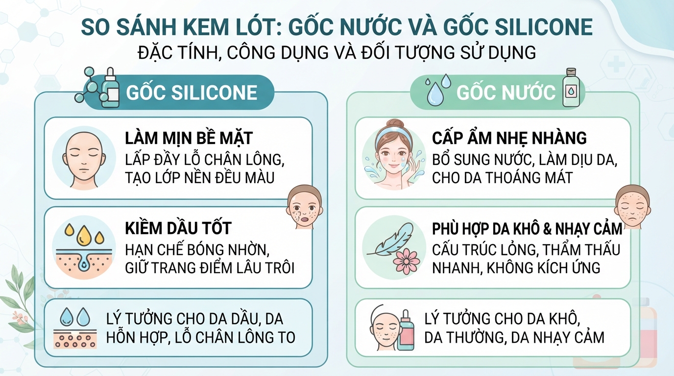 Thành phần gốc nước và silicone quyết định khả năng kiềm dầu cùng độ thoáng của da.