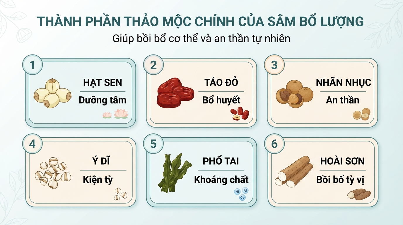Thành phần thảo mộc chính của sâm bổ lượng giúp bồi bổ cơ thể và an thần tự nhiên.