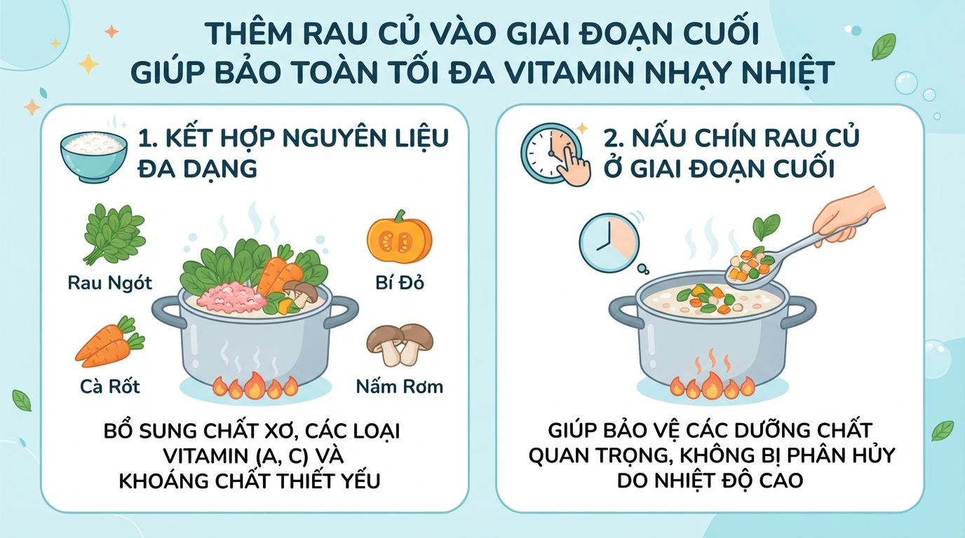 Thêm rau củ vào giai đoạn cuối giúp bảo toàn tối đa vitamin nhạy nhiệt.