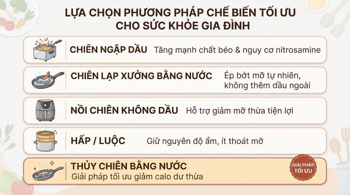Lạp xưởng bao nhiêu calo? Cách chiên bằng nước ít béo nhất