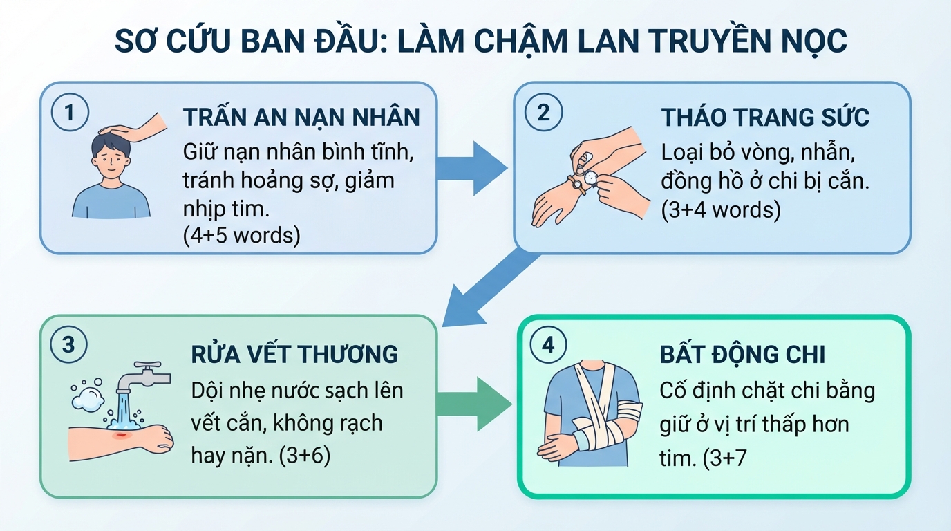Thứ tự các bước xử lý sơ cứu ban đầu giúp làm chậm sự lan truyền nọc.