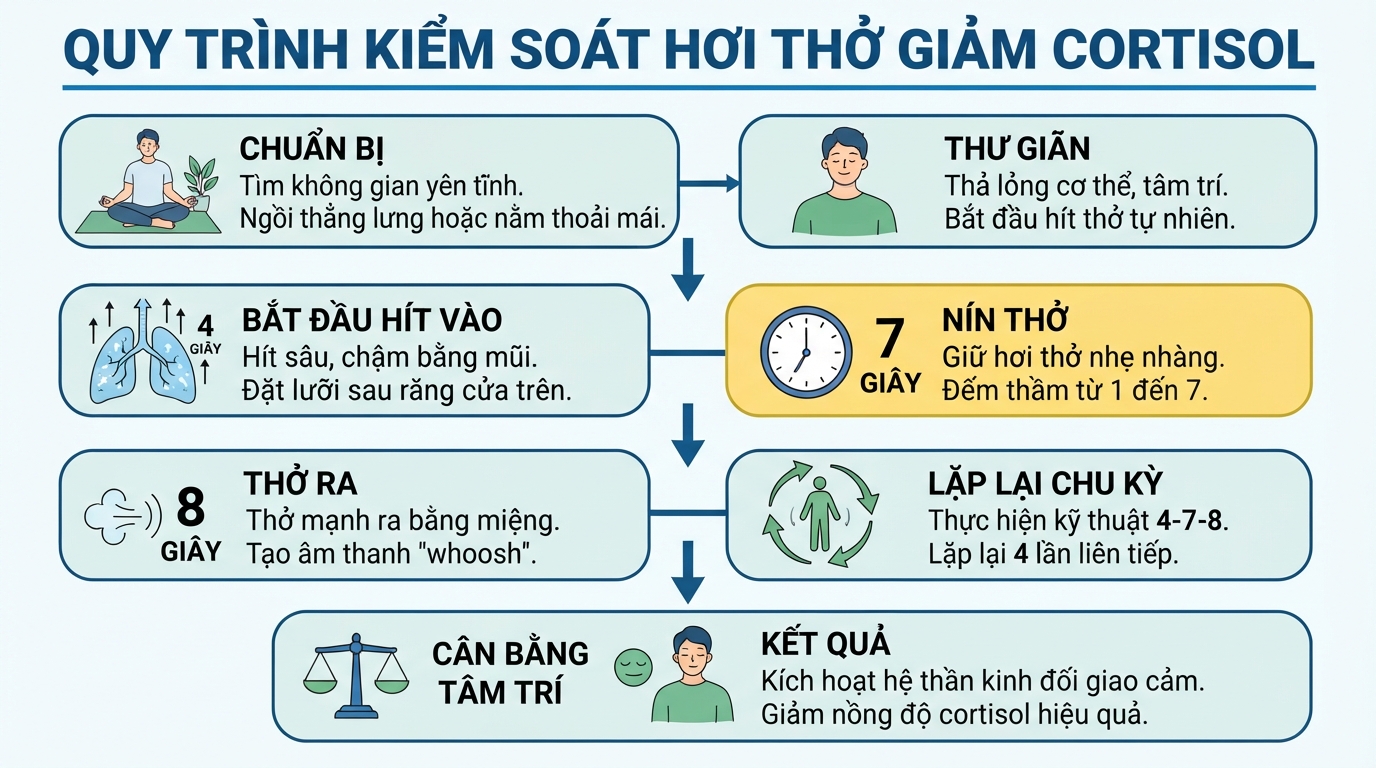 Thực hành kiểm soát hơi thở hỗ trợ làm giảm hormone cortisol và cân bằng tâm trí.