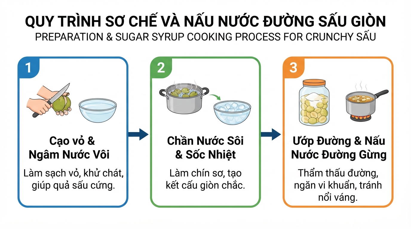 Thực hiện đúng 3 bước sơ chế và nấu nước đường giúp sấu giữ độ giòn.