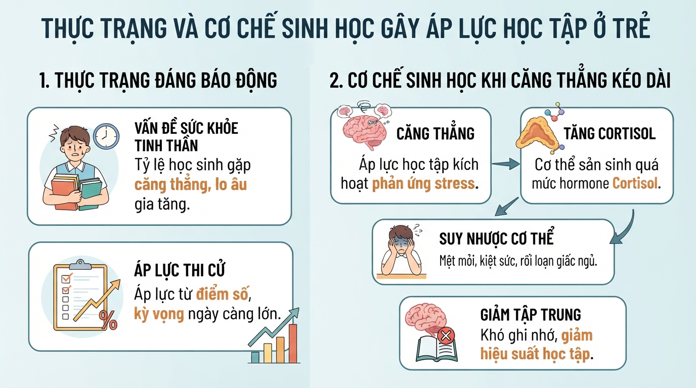 Thực trạng và cơ chế sinh học gây ra áp lực học tập ở trẻ.