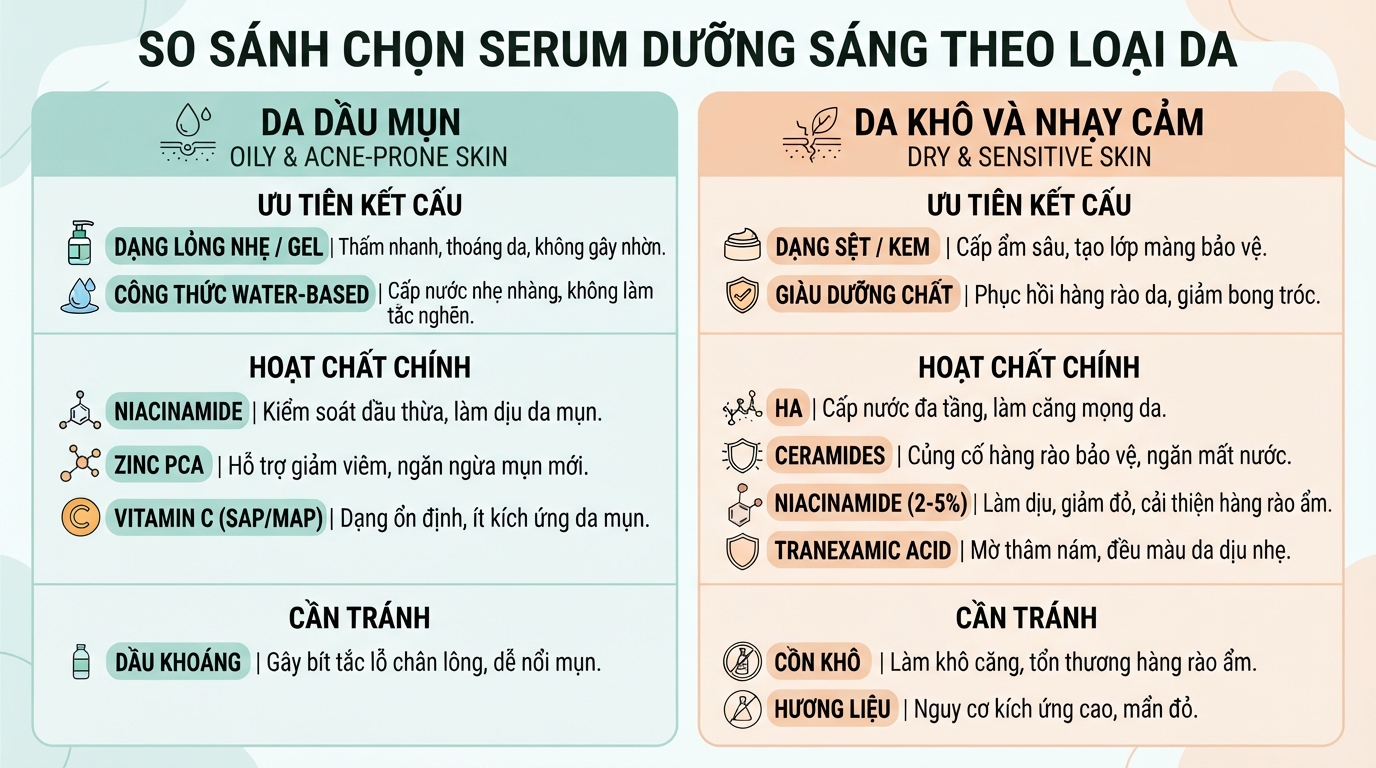 Tiêu chí chọn thành phần và kết cấu serum phù hợp cho từng chất da.