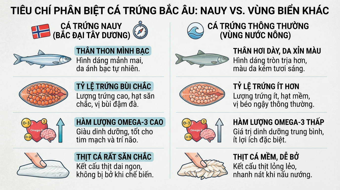 Tiêu chí phân biệt cá trứng Bắc Âu dựa trên độ săn chắc và tỷ lệ trứng.
