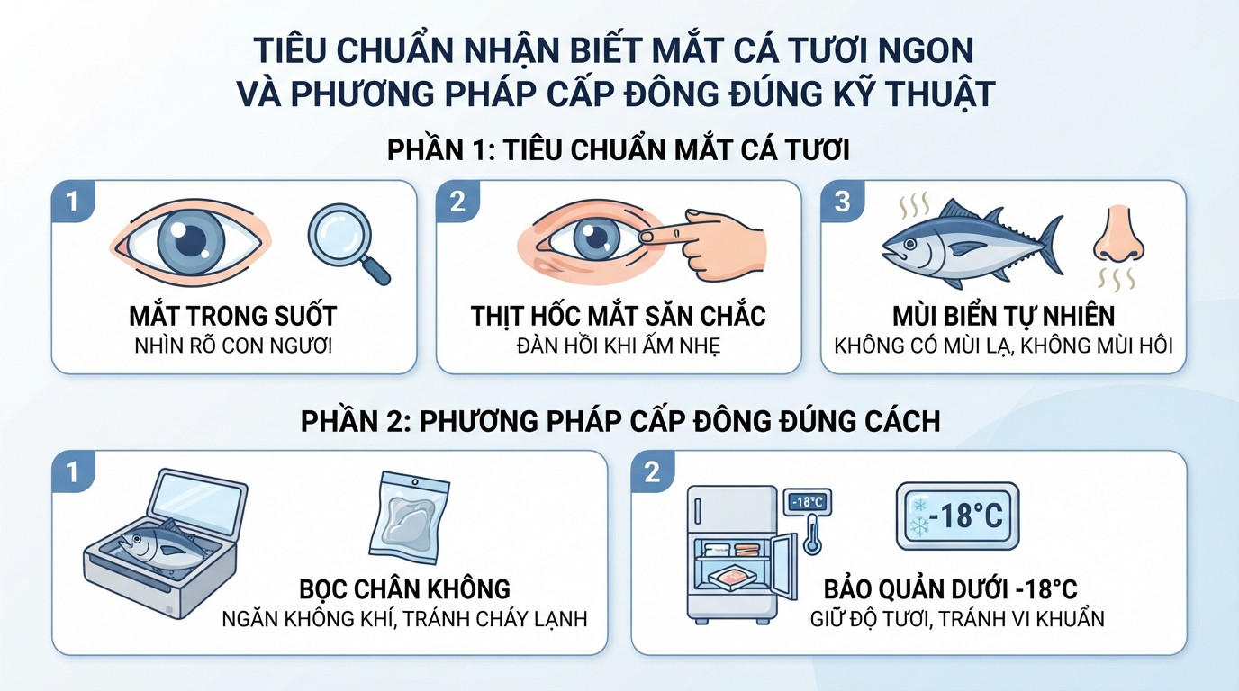 Tiêu chuẩn nhận biết mắt cá tươi ngon và phương pháp cấp đông đúng kỹ thuật.