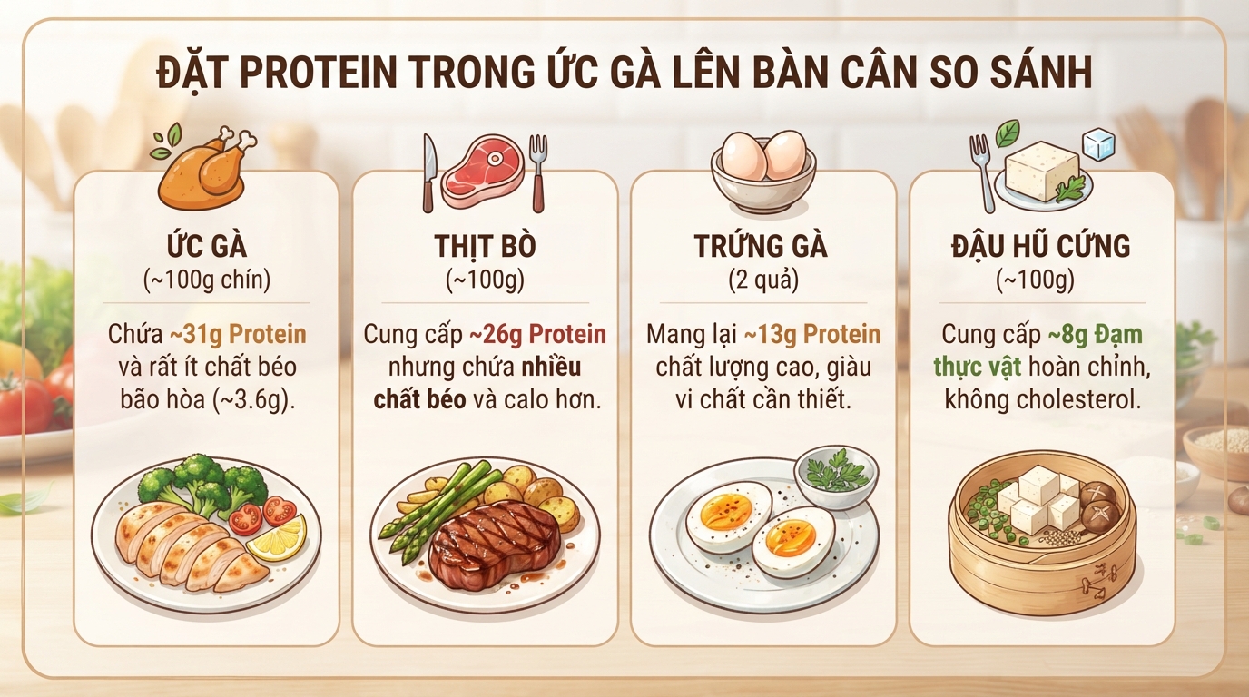 Ức gà chứa bao nhiêu protein? Giá trị dinh dưỡng và cách dùng hợp lý
