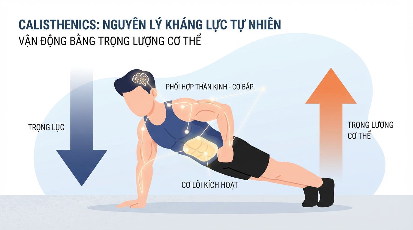 Tìm hiểu calisthenics là gì qua nguyên lý kháng lực tự nhiên bằng trọng lượng cơ thể.