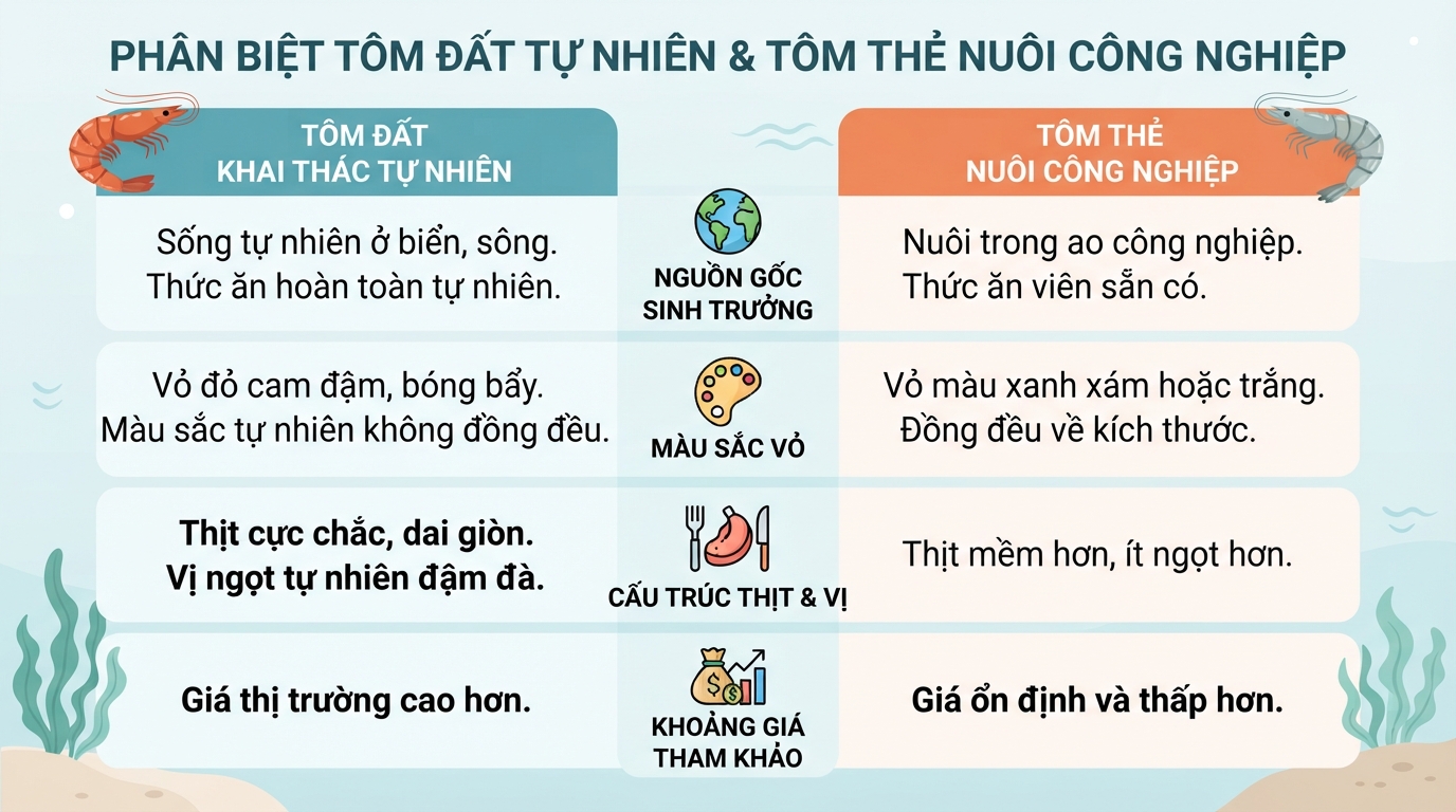 Tôm đất tự nhiên có giá trị thương phẩm và vị ngọt đượm hơn tôm nuôi.
