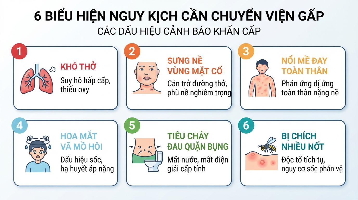 Tóm tắt 6 biểu hiện nguy kịch đòi hỏi chuyển viện gấp.