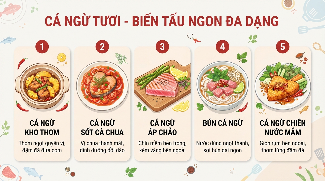 Tổng hợp phong phú các thực đơn chế biến hấp dẫn từ nguyên liệu cá ngừ tươi.