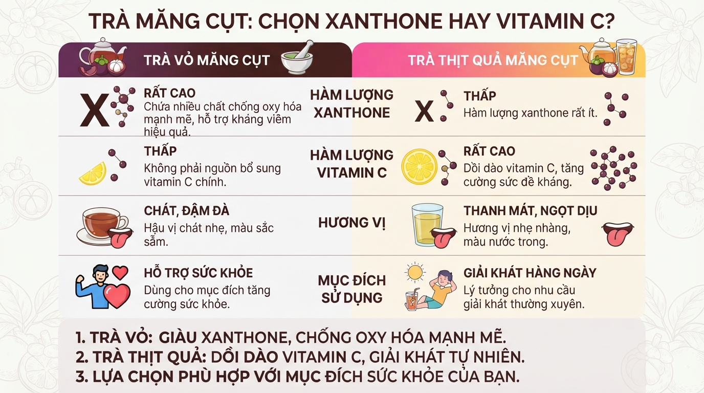 Trà vỏ tập trung xanthone chống oxy hóa, còn trà thịt quả ưu thế về vitamin C.