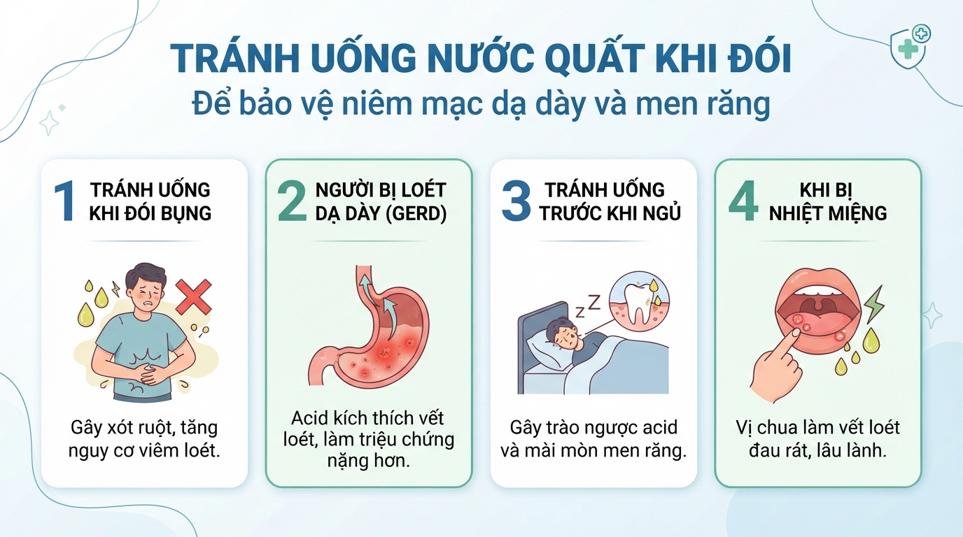 Tránh uống nước quất lúc đói để bảo vệ niêm mạc dạ dày và men răng.