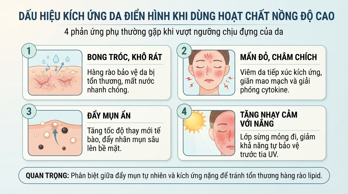 Triệu chứng kích ứng điển hình khi da phản ứng tiêu cực với hoạt chất nồng độ cao.