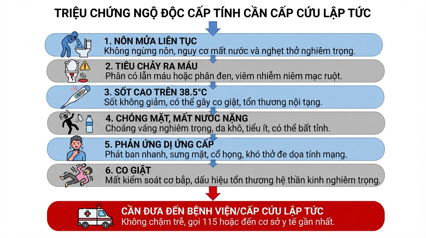 Triệu chứng ngộ độc cấp tính cần đưa người bệnh đi cấp cứu lập tức.