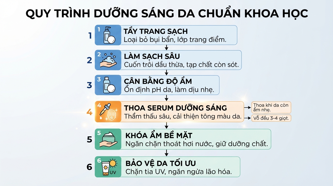 Trình tự các bước skincare chuẩn khoa học giúp tối ưu hiệu quả thẩm thấu serum.