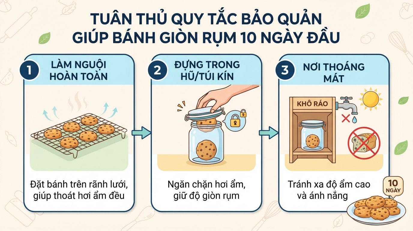 Tuân thủ quy tắc bảo quản giúp duy trì độ giòn rụm của bánh suốt 10 ngày đầu.
