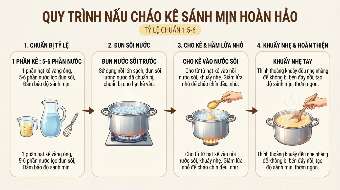 Tỷ lệ 1 phần kê với 5-6 phần nước giúp nồi cháo đạt độ sánh mịn hoàn hảo.