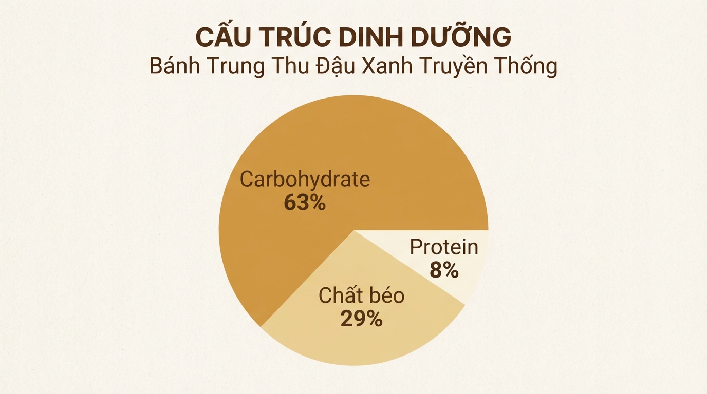 Tỷ lệ carbohydrate và chất béo chiếm ưu thế tuyệt đối trong cấu trúc dinh dưỡng của bánh.