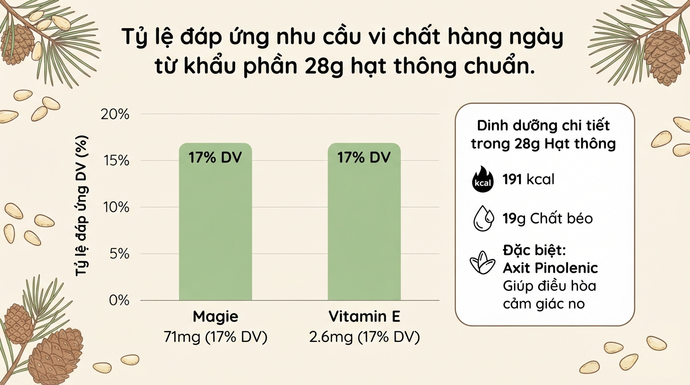 Tỷ lệ đáp ứng nhu cầu vi chất hàng ngày từ khẩu phần 28g hạt thông chuẩn.