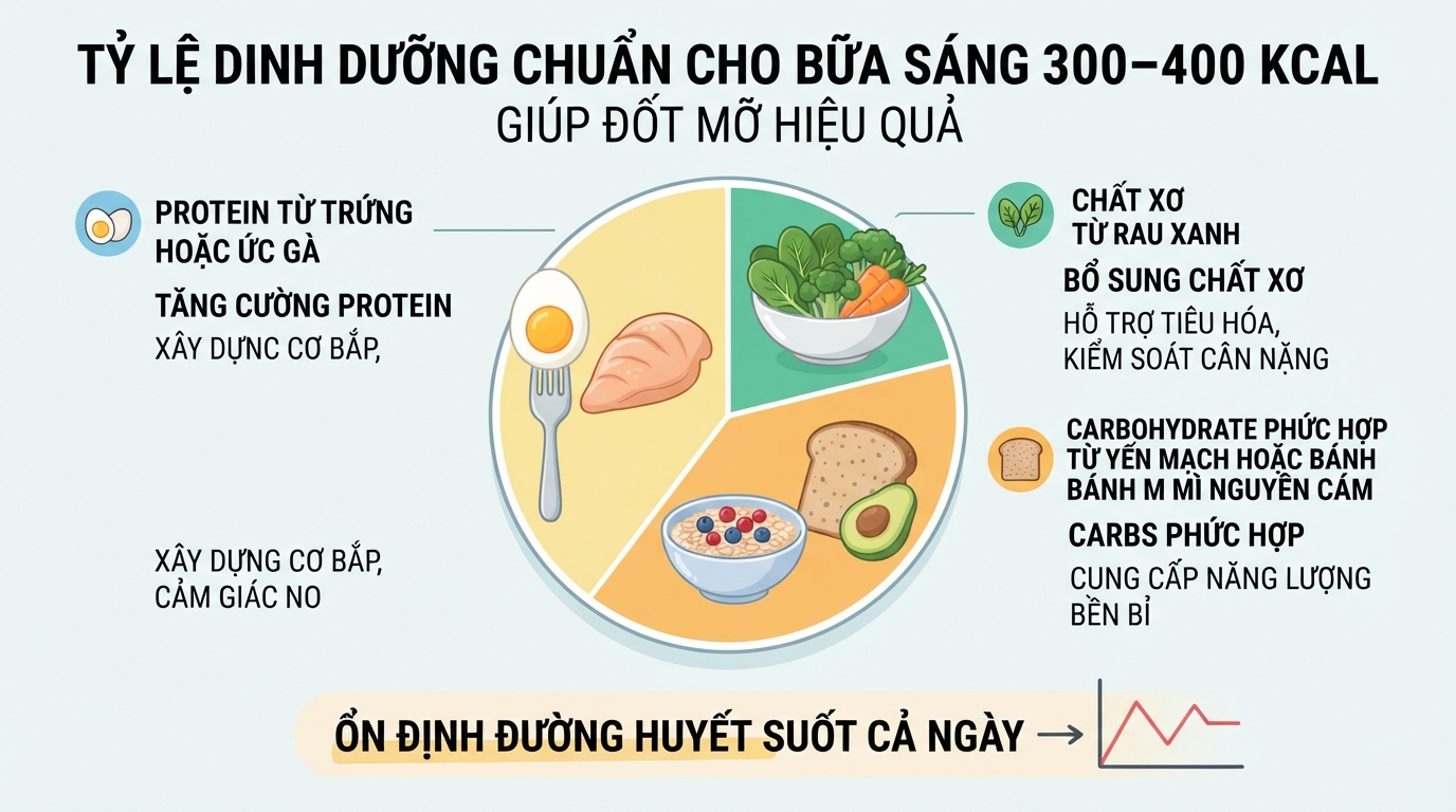 Tỷ lệ dinh dưỡng chuẩn cho bữa sáng 300-400 kcal giúp đốt mỡ hiệu quả.