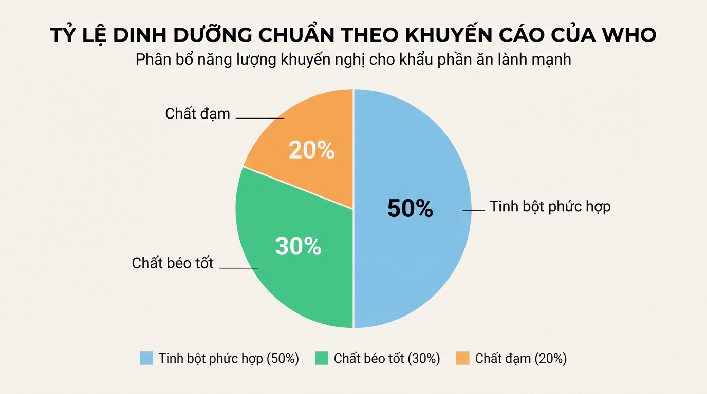 Tỷ lệ dinh dưỡng chuẩn cho đồ ăn healthy theo khuyến cáo WHO.