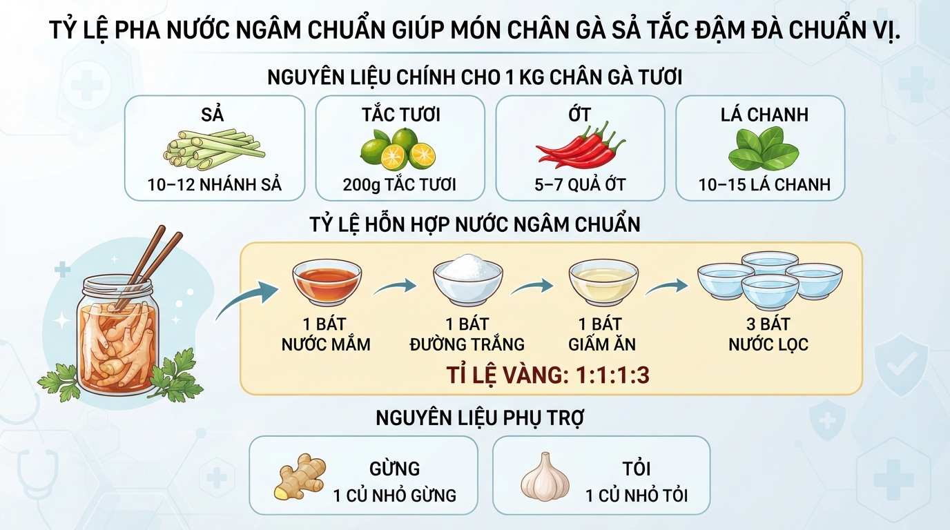 Tỷ lệ pha nước ngâm chuẩn giúp món chân gà sả tắc đậm đà chuẩn vị.