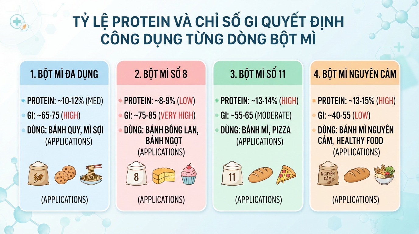 Tỷ lệ protein và chỉ số GI quyết định công dụng từng dòng bột mì.