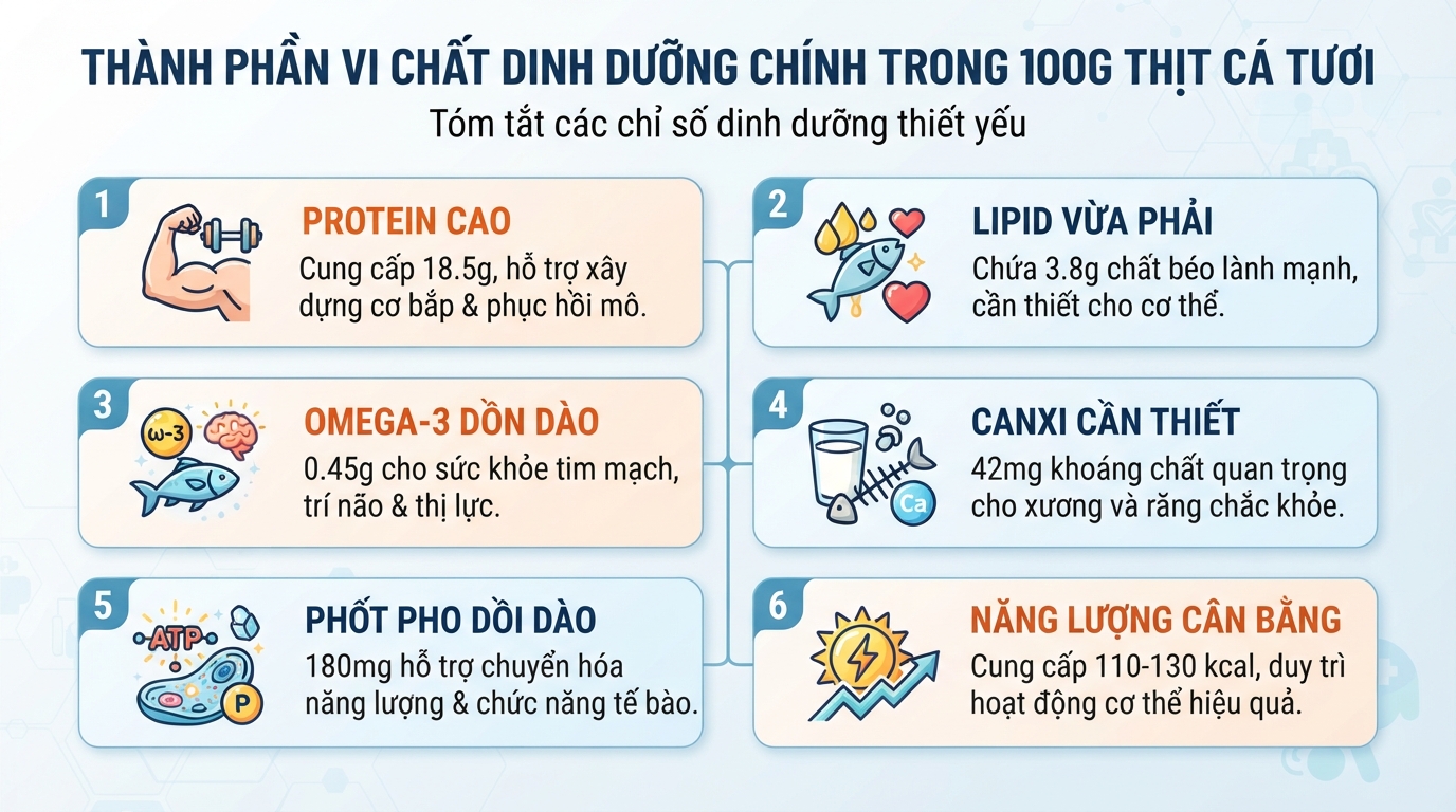 Tỷ lệ thành phần vi chất dinh dưỡng chính tính trên 100g thịt cá tươi.