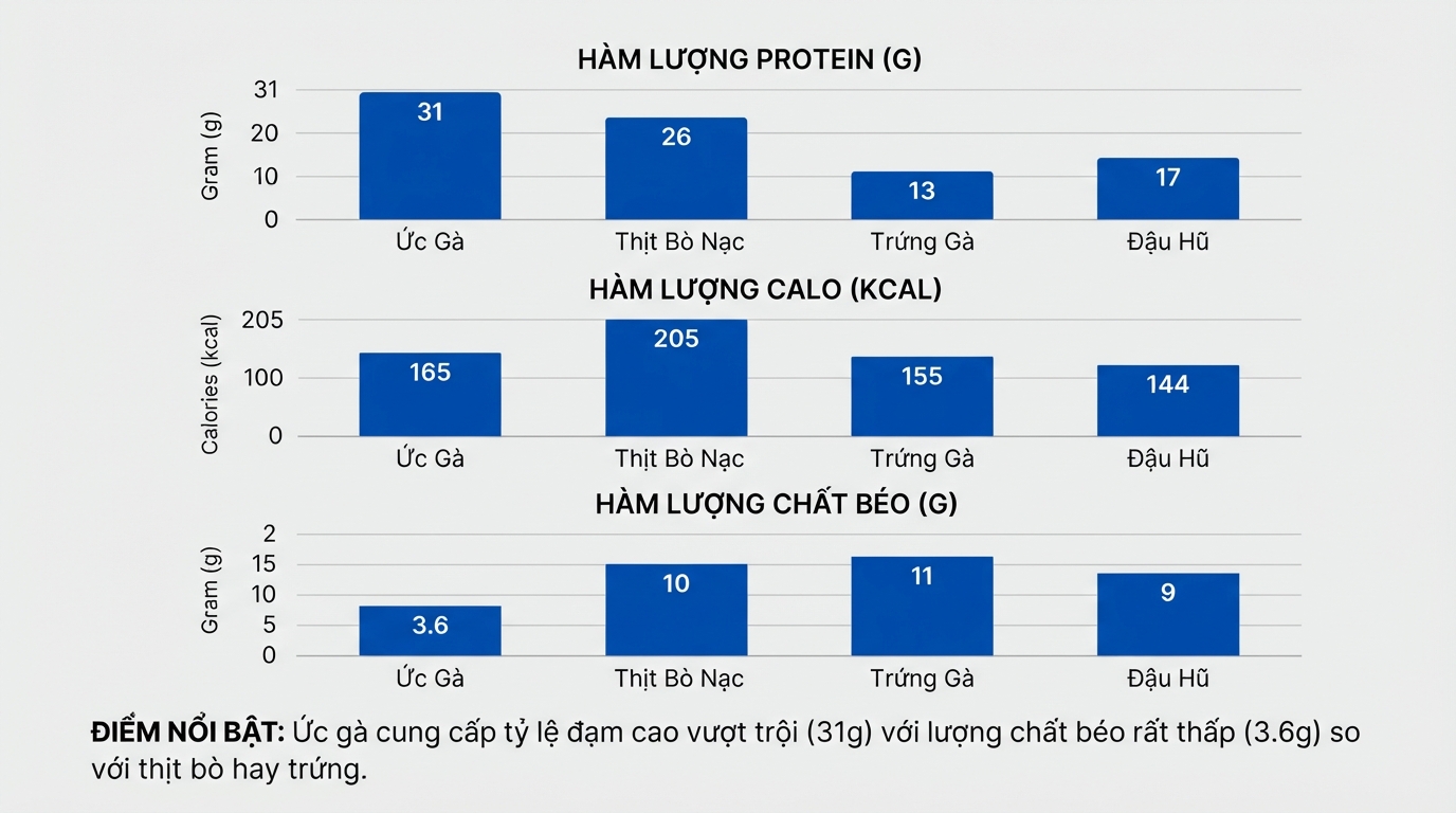 Ức gà cung cấp tỷ lệ đạm cao vượt trội nhưng ít chất béo bão hòa.