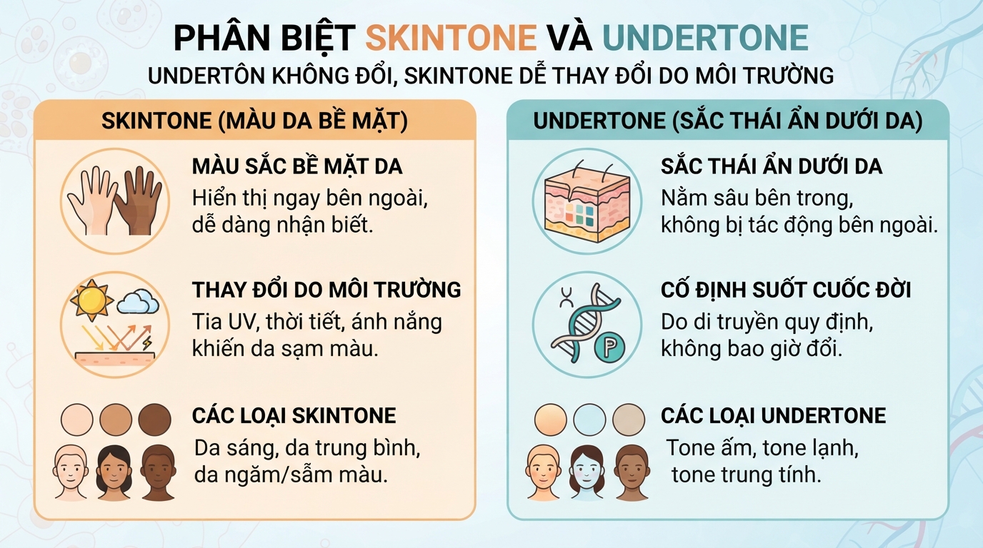 Undertone giữ nguyên suốt đời dù skintone bề mặt bị sạm đen do tác động môi trường.