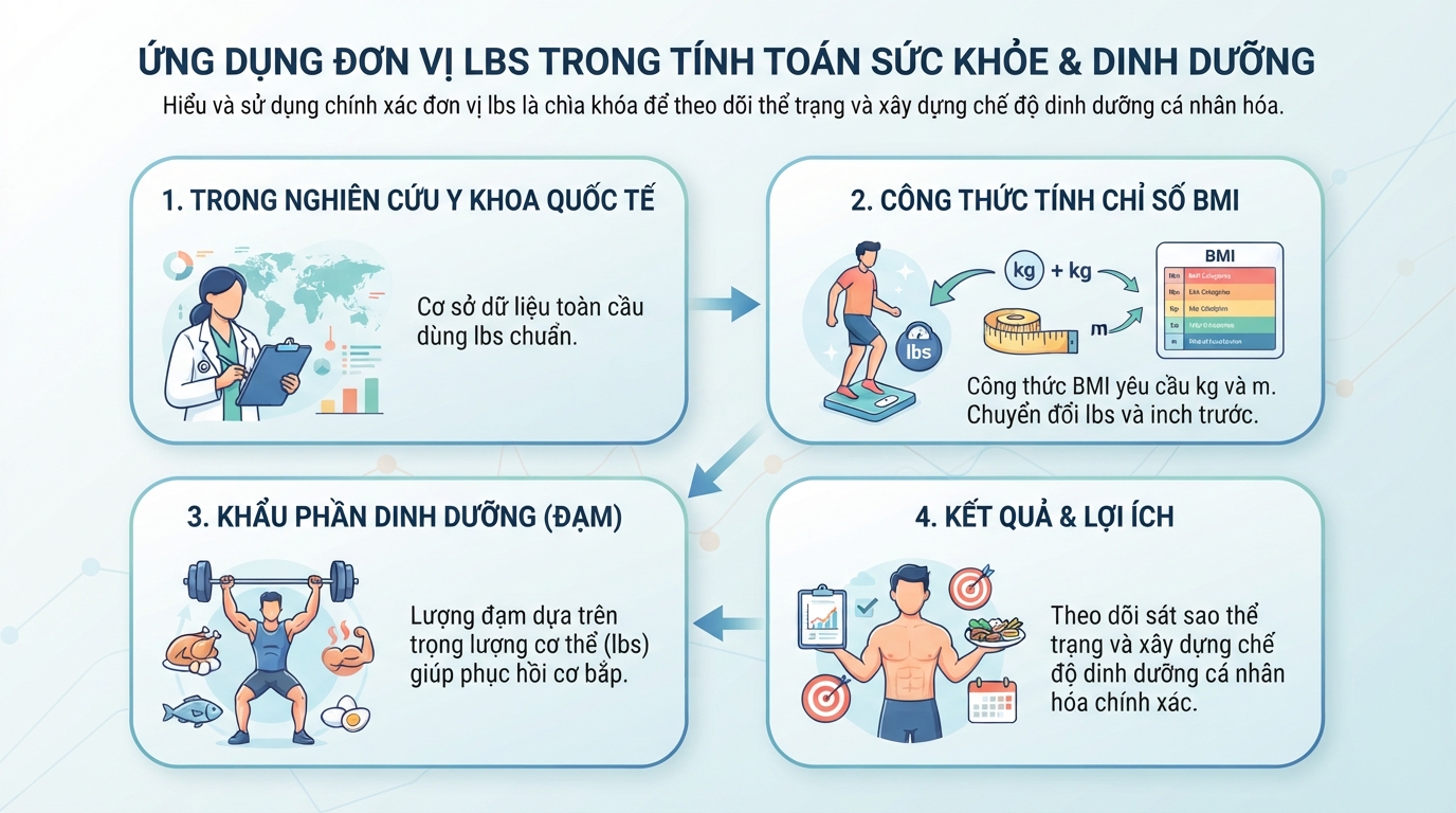 Ứng dụng đơn vị lbs giúp tính toán chỉ số BMI và khẩu phần dinh dưỡng chuẩn xác.