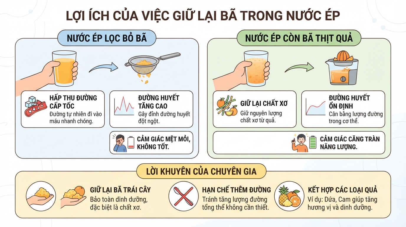 Uống nước ép kèm bã giúp giữ lại chất xơ và hạn chế tăng đường huyết.